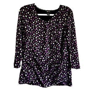 Style & Co Womens XL Black Purple Polka Dot Top With Sequin Neck Detail Ruched